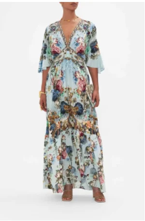 

Women's Long Dress 2024 New Spring Summer 100% Silk Printed V-neck Loose Vintage Half Sleeve Robes