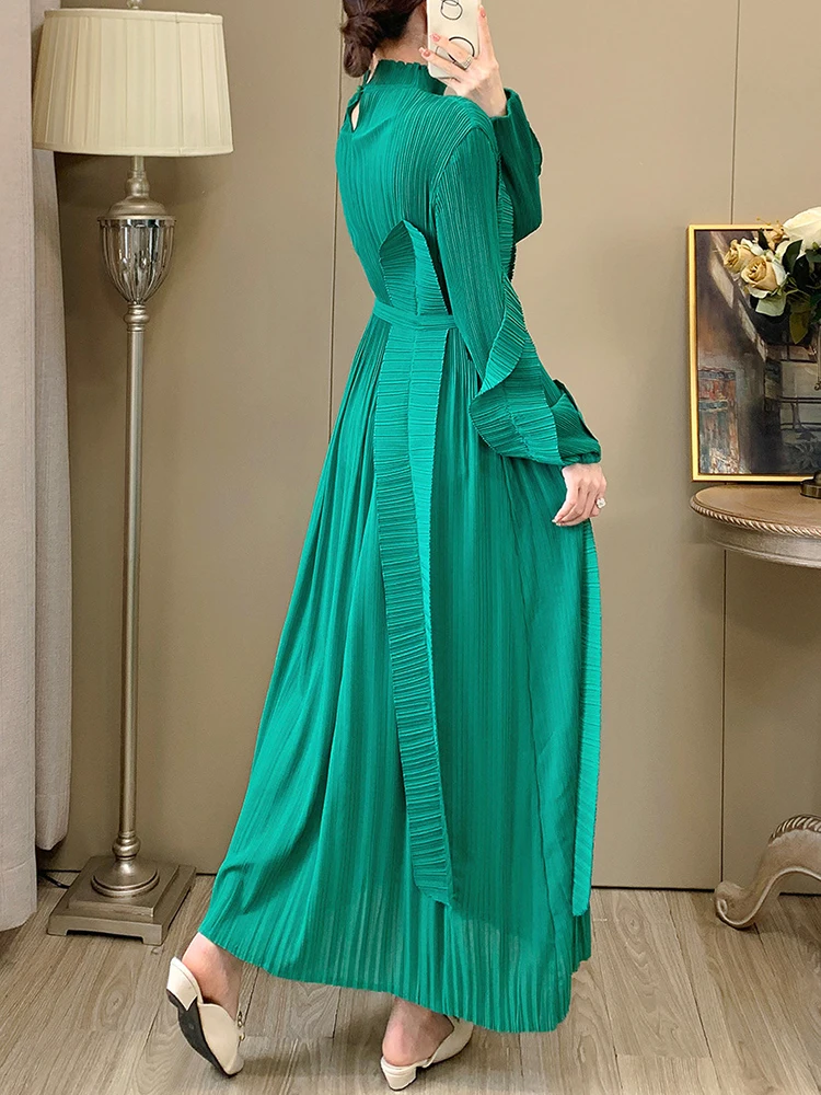 GVUW Pleated Appliques Dresses Women Stand Collar Full Sleeve A Line Lace-up New 2024 Elegant Lady Evening Party Dress 17G6884