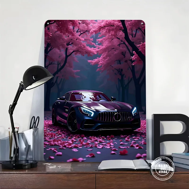 Sports Car-Benz GT in Cherry Blossom Poster Customized Vintage Metal Signs Wall Art Retro Tin Plaque for Garage Man Cave Decor
