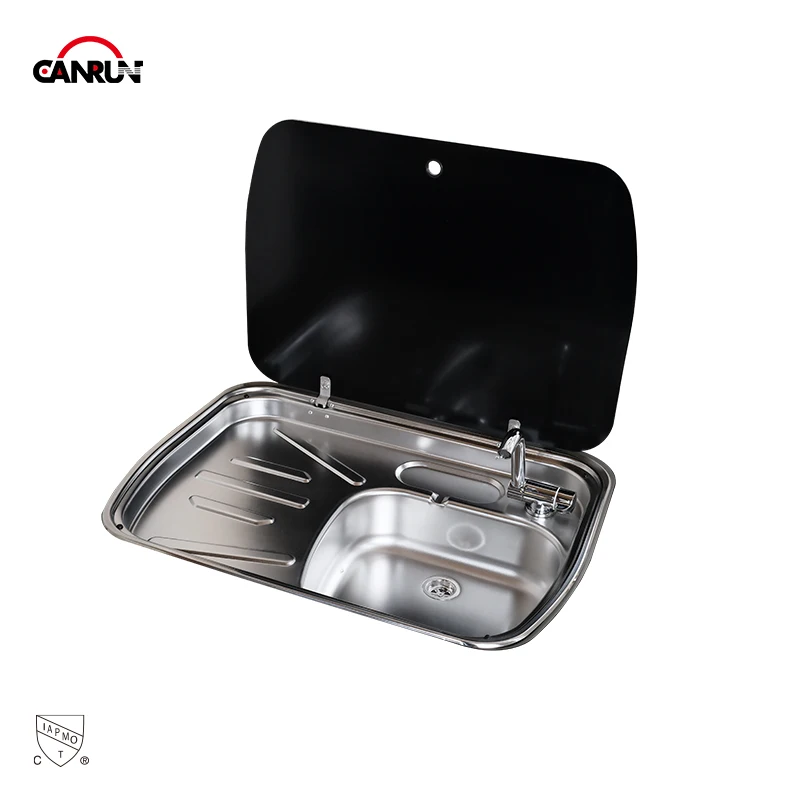 

Silver Stainless Steel RV Camper Sink with Drainage Area and Tempered Glass Lid for Motorhome Caravan Campervan