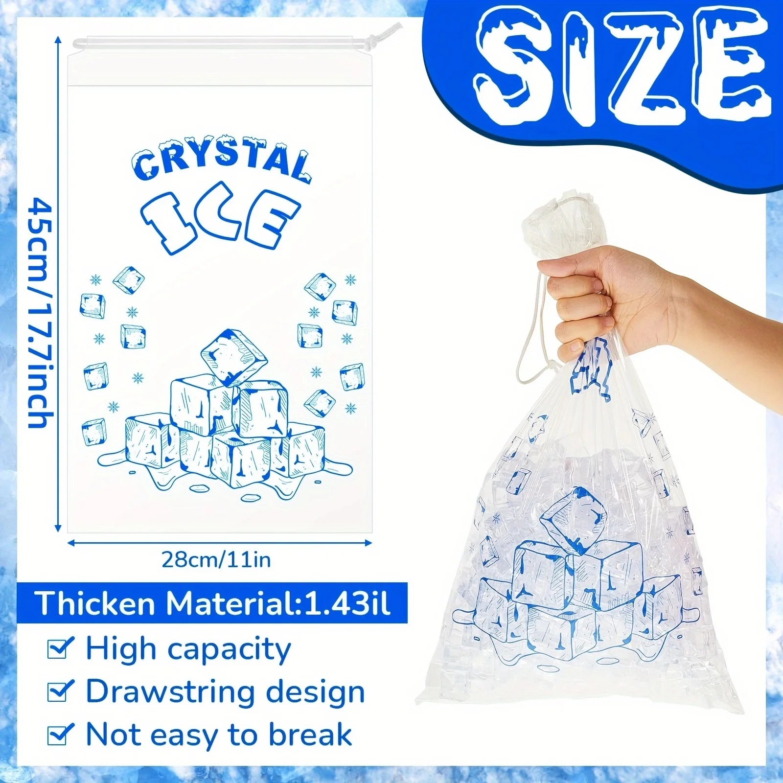 20pcs Plastic Ice Bags 8 Lb 17.7 X 11 Inch With A Drawstring Closure, Crystal Clear Plastic Ice Bag With Nylon Drawstring