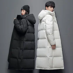 Homens e mulheres com capuz longo pato para baixo parka, casaco leve, monocromático, branco, marca da moda, roupas de esqui, ao ar livre, inverno