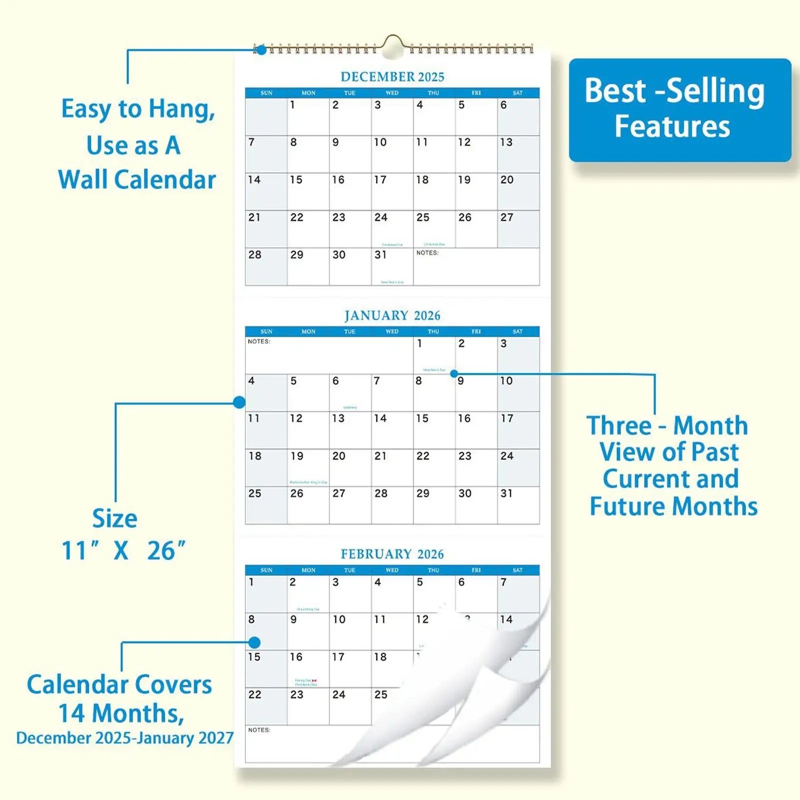 Wall Calendar 2026 With 3-month Vertical Display, December 2025 To January 2027, For Daily Schedule Monthly Organization Planner view 3