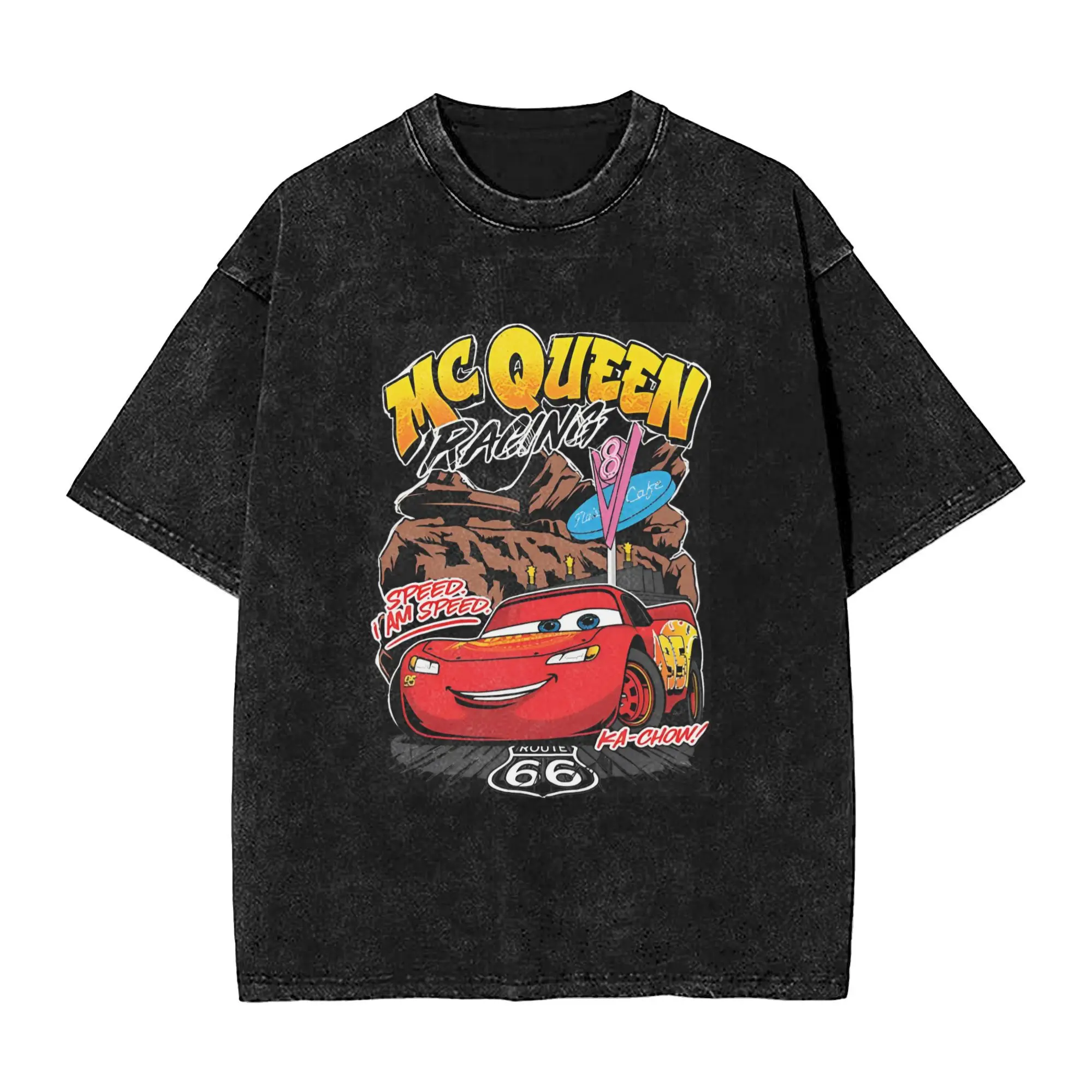 Harajuku Washed Shirts McQueen lighting red car cartoon  Merch Novelty T Shirt High Street  Streetwear Cotton Tees