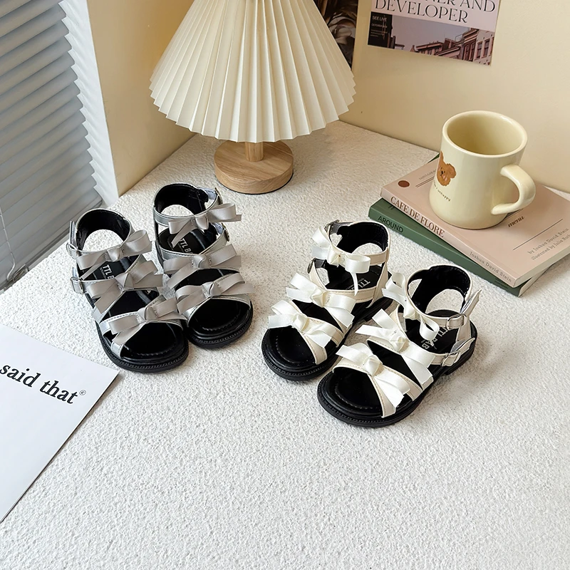 

Girls Princess Shoes Sweet Ribbon Bows Kids Beach Shoes Double Hook&loop 2025 Summer New Children Sandals Soft Sole Non-slip
