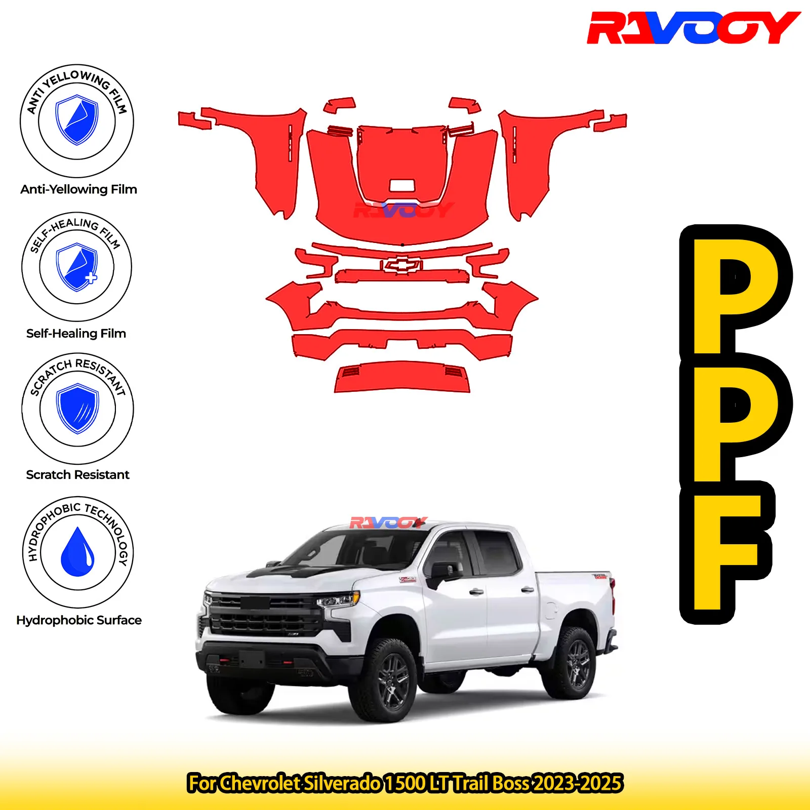 

Для Chevrolet Silverado 1500 LT Trail Boss 2023-2025 глянцевый матовый черный предварительно вырезанный передний комплект PPF защитная пленка для краски