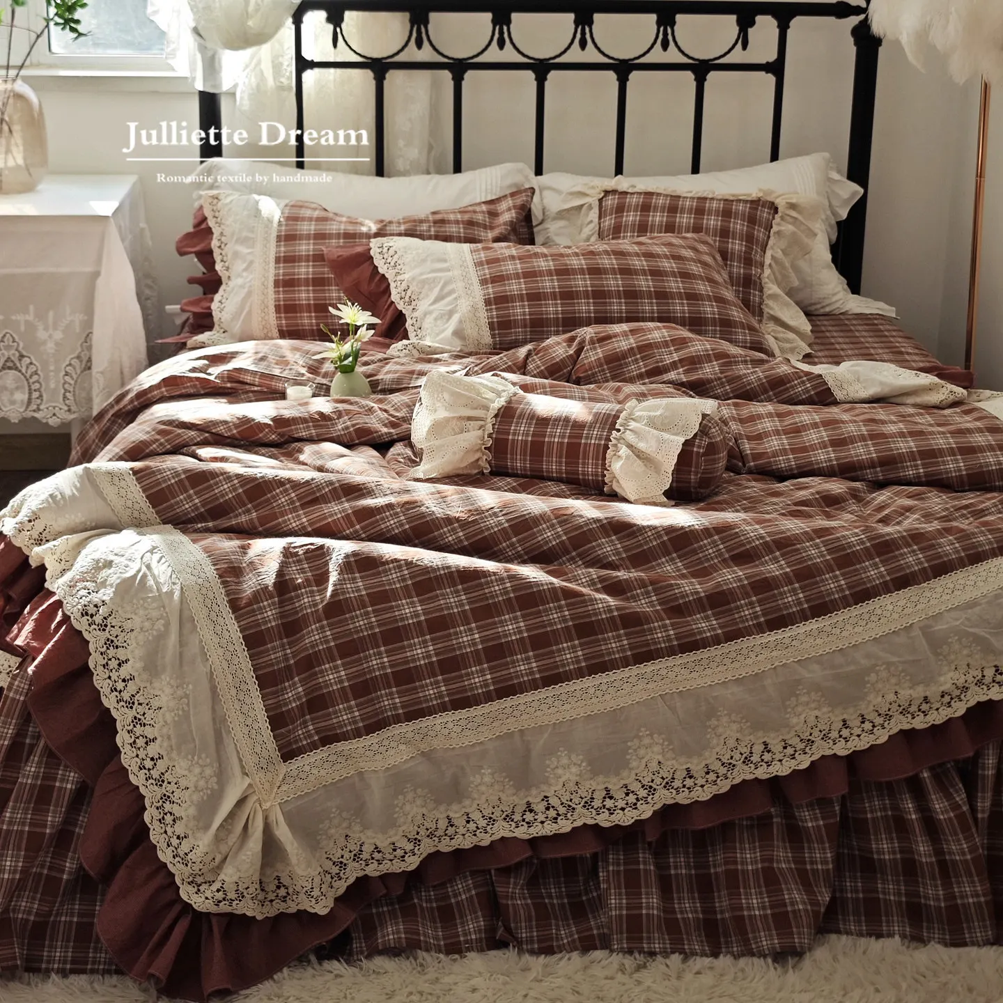 Korean Style Colorful Checkered Princess Bedding Set, 100% Cotton Washed Yarn-Dyed Lace Ruffle Bed Skirt Duvet Cover Bed Linen