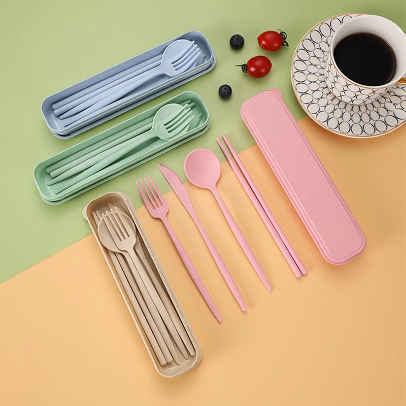 4Pcs/Set Portable Utensils With Box Healthy Eco-Friendly Wheat Straw Cutlery Reusable Chopstick Fork Knife Spoon Tableware Set