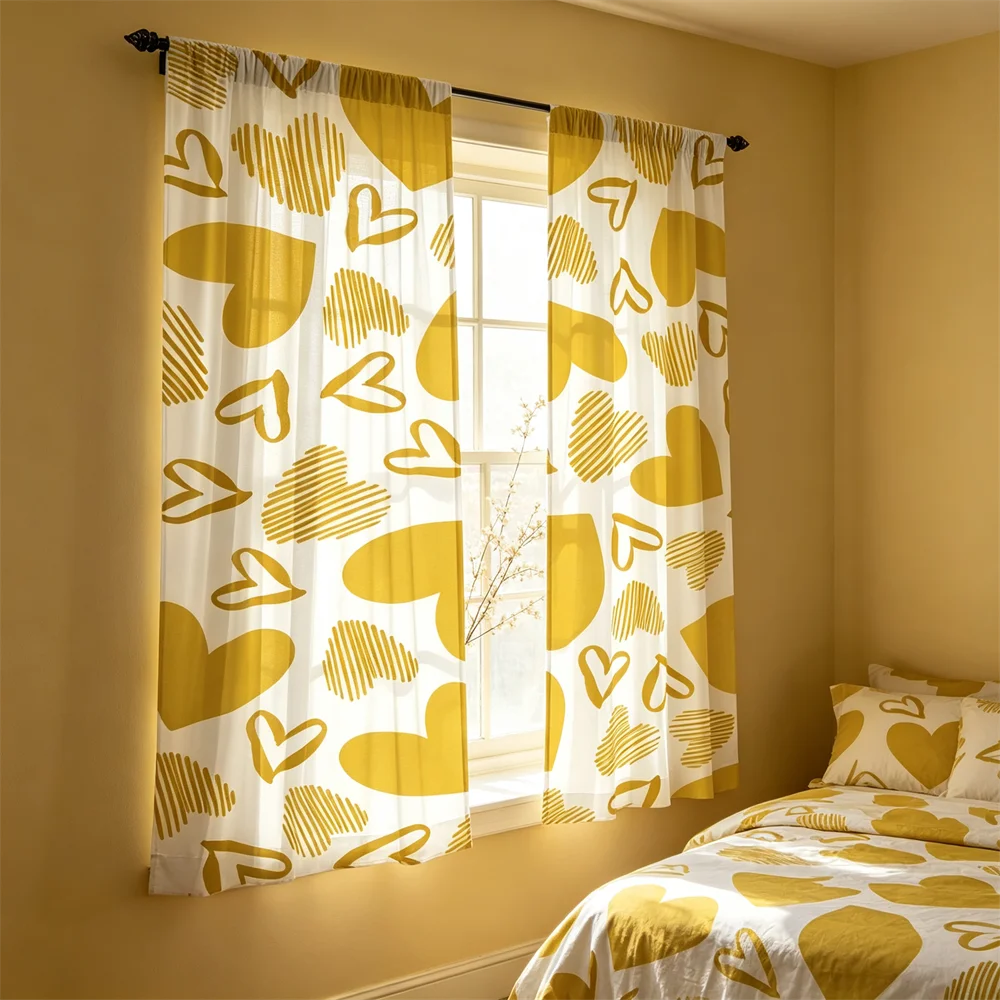 2PCS Mustard yellow hand drawn hearts Print Curtains, Bedroom Living Room Window Drapes, Rod Pocket Polyester, Home Decor