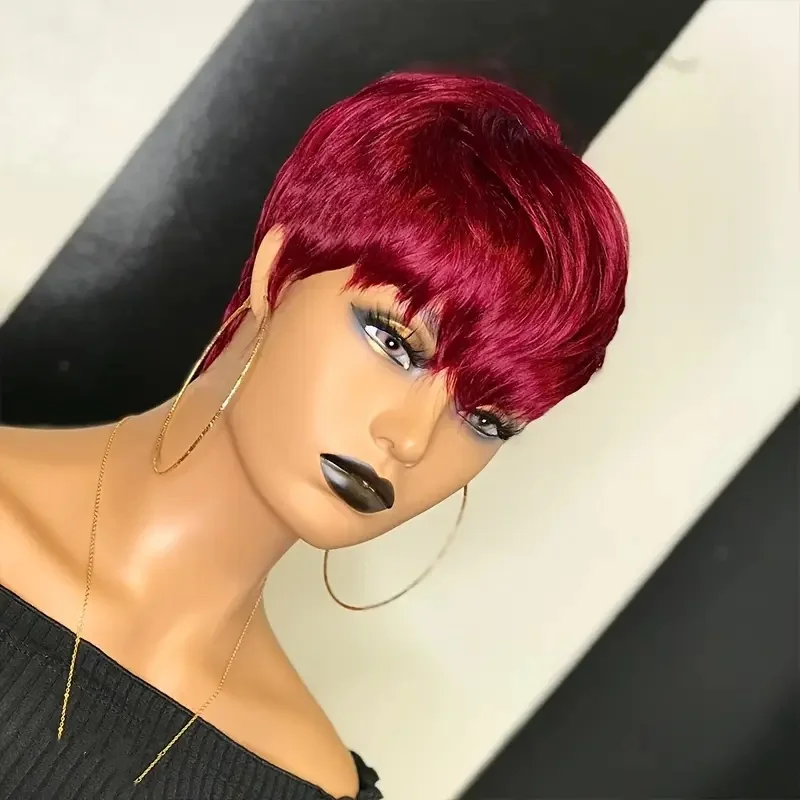짧은 보브 가발 버건디 인모 여성용 앞머리가 있는 전체 기계식 가발