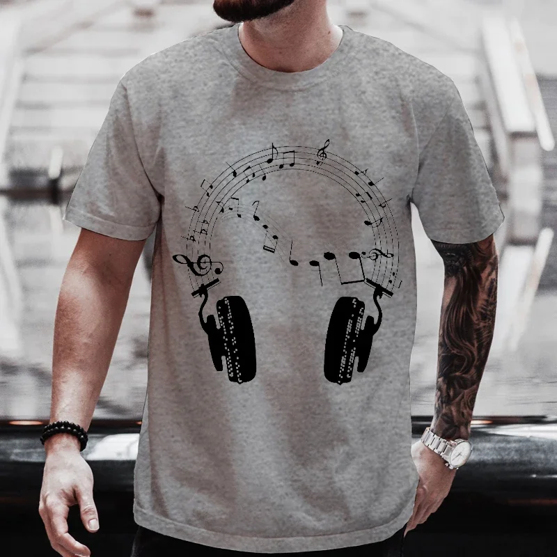 Musical Notes Headphone Print Men T-Shirt Summer Men Tshirts Loose Oversize Tshirt Casual Breathable Short Sleeve Tee Clothing