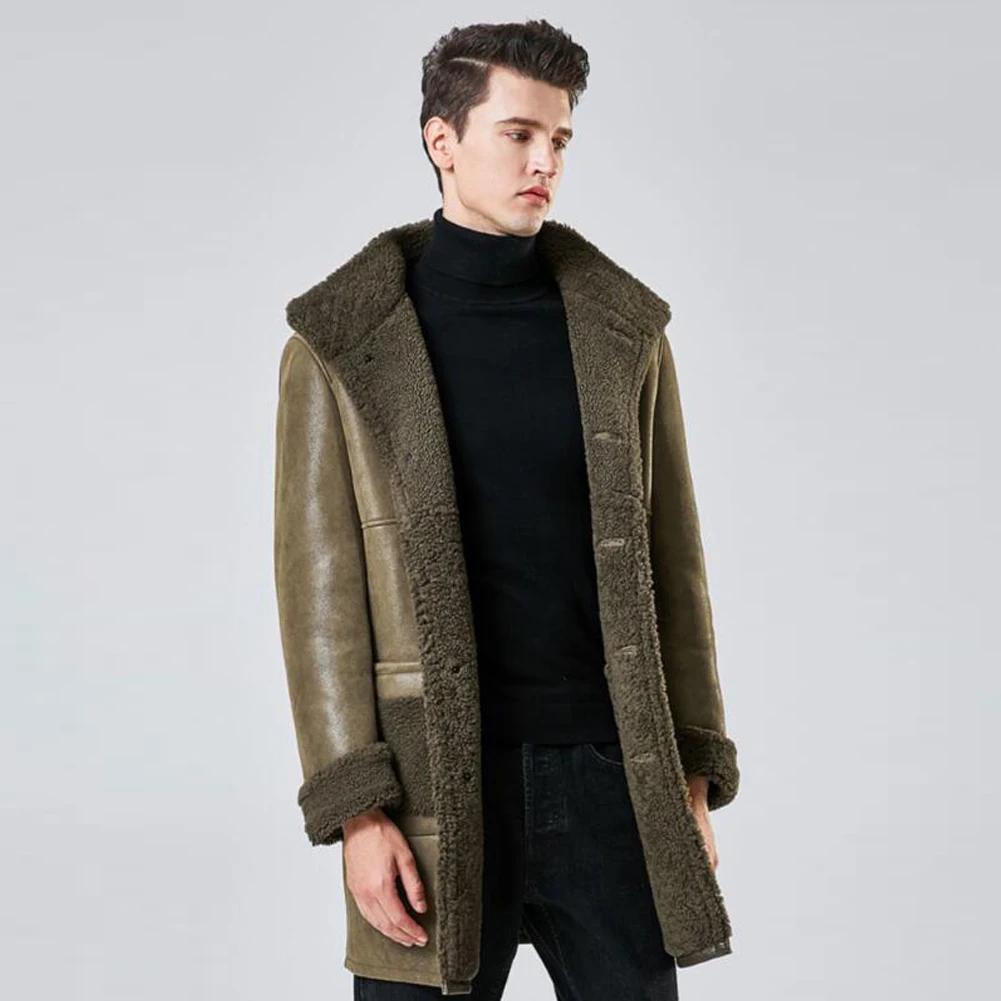 Denny&Dora Mens Real Shearling Jacket Mens Green Shearling Jacket Mens Sheepskin Shearling Jacket Mid-Length Style