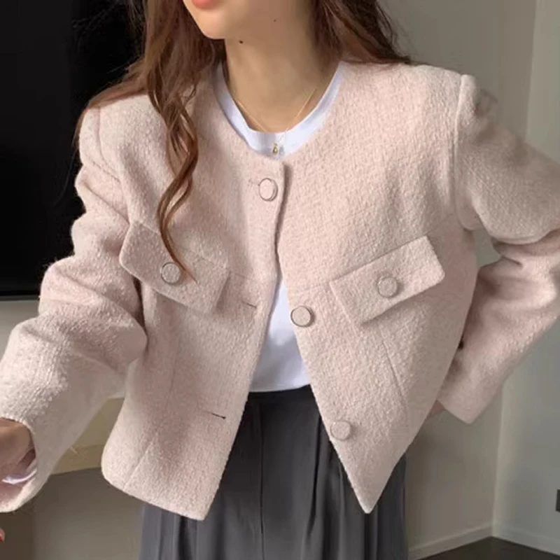 French sle Chic Graceful Short coat Women Chic Autumn and Winter New Elegant Elegant round Neck Single-Breasted Long sleeve...