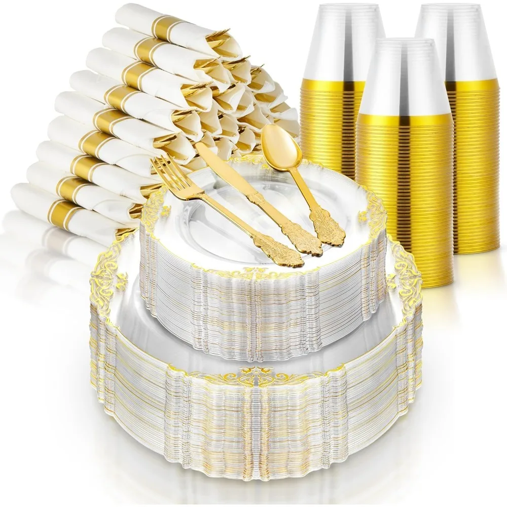 جديد - طقم أطباق شفافة وذهبية مع أدوات مائدة مسبقًا مع مناديل وأكواب ذهبية، أواني طعام لـ 50 ضيفًا (350 قطعة)،
