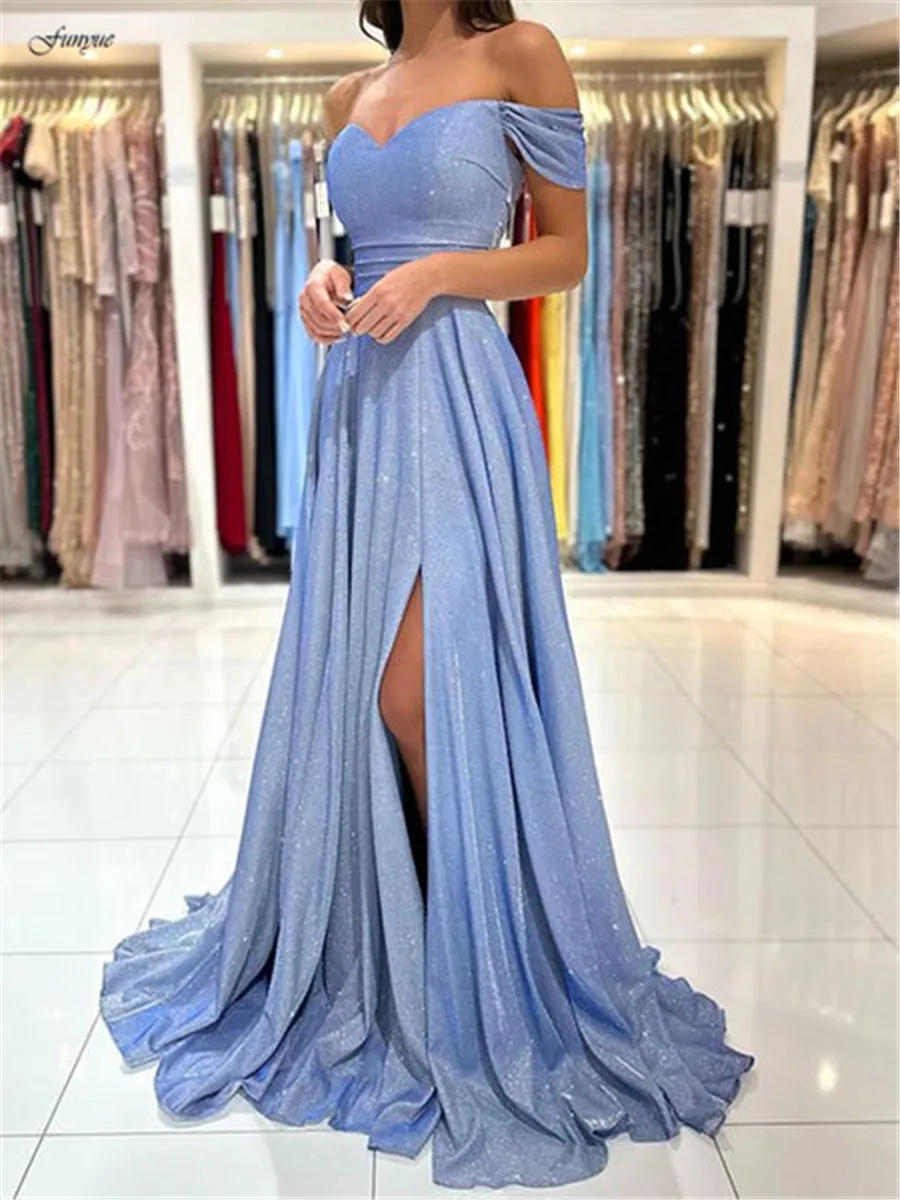 

Funyue Off the Shoulder Shiny Blue Prom Dresses Long A-Line Sexy Slit Formal Evening Gown 2024 Vestidos De Graduación