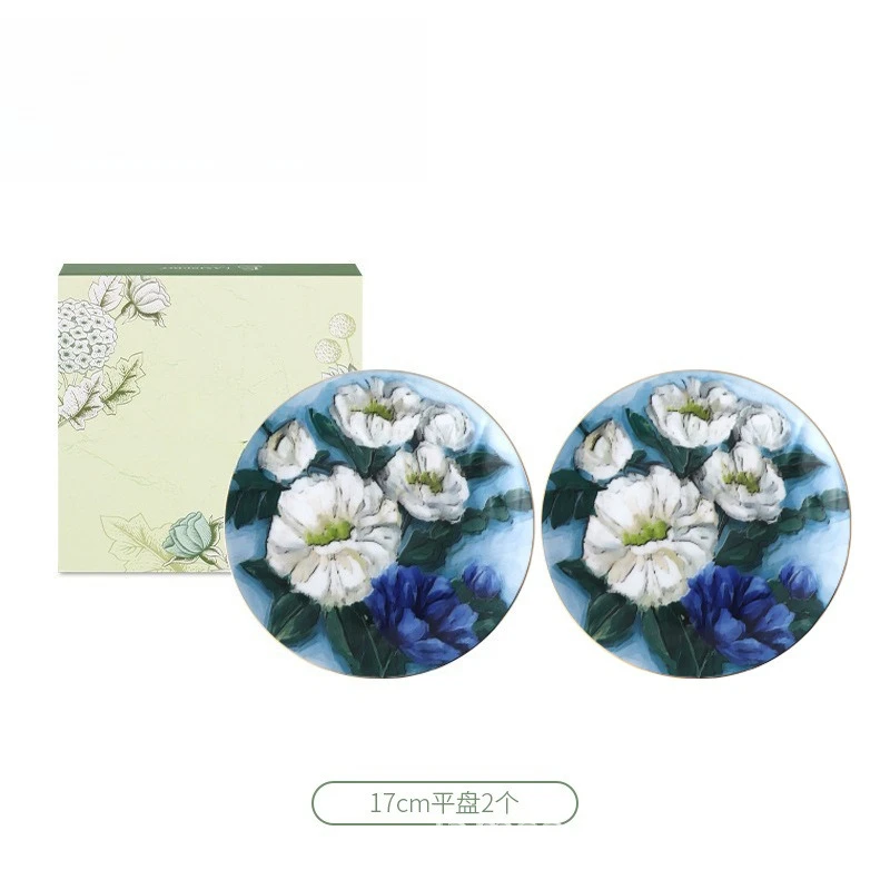 Morning Flowers, Flat Plate Glazed Medium Plate Dessert Ceramic Plate 17cm