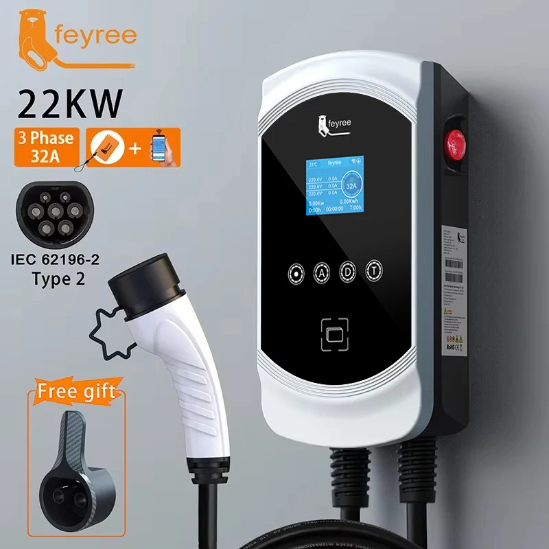 Feyree EV Charger 32A 7.6KW Kendaraan Listrik Charger Mobil EVSE Wallbox 11KW 22KW 3 Fase Type2 Kabel IEC62196-2 Soket Kontrol Aplikasi