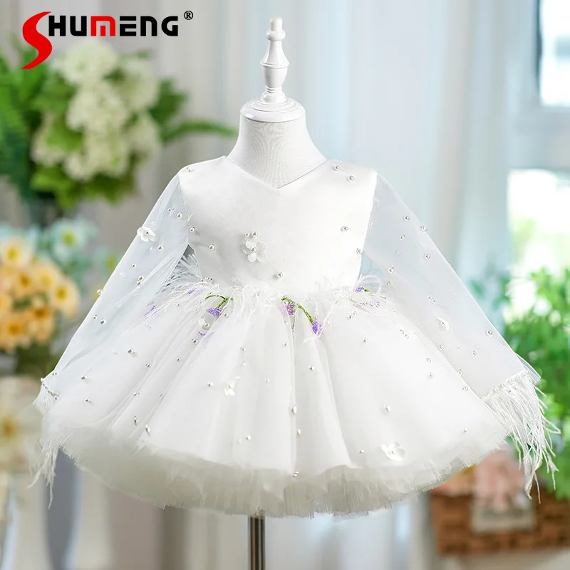 Long Sheer Sleeve Lavender Floral Embroidered Dress White Pearl Baby Girl Princess Tulle Dress Kids Birthday Photoshoot Dress