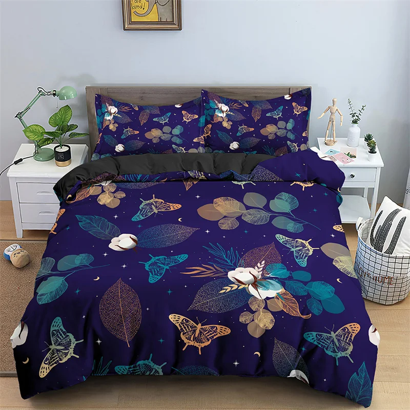 Butterfly Bedding Set Full King Size Hippie Boho Moth Duvet Cover Microfiber Animal Botanical Psychedelic Starry Sky Quilt Cover