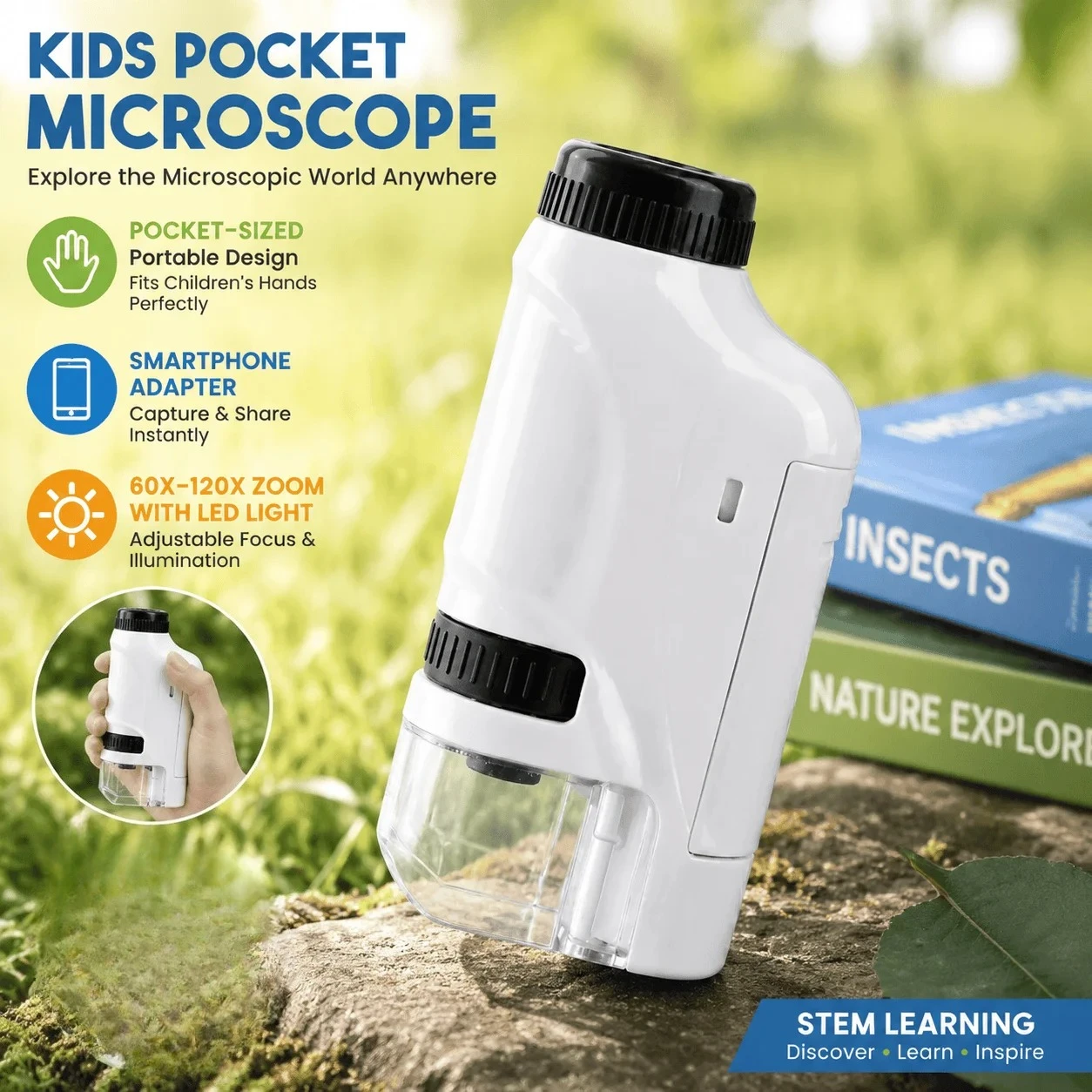 Kids Outdoor Microscope - Microscopio de bolsillo para niños, mini