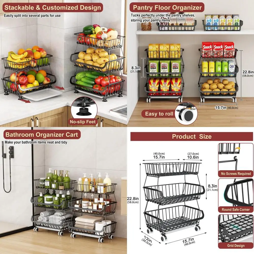 

Трехуровневая передвижная кухонная тележка-органайзер, штабелируемая проволочная тележка для хранения закусок, фруктов и овощей