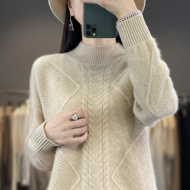 2024 Women\'s Cashmere New Retro High Quality Fashion Half High Collar Pullover Autumn and Winter New Solid Color Cashmere Pullov