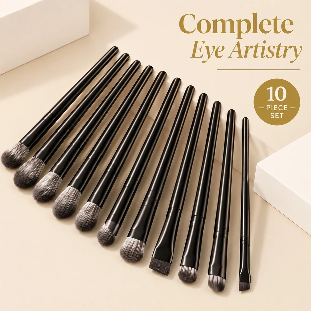 10Pcs Black Eye Shadow Brush Set Soft Bristle Eyeshadow Blender Liner Knife Edge Detailing Small Makeup Tools Kit