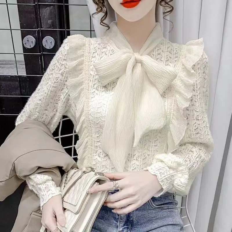 女性用リボン付きスリムシャツ,フリル,スカーフ,ドローストリング,エレガント,ファッショナブル,カンジュート,甘い,春,秋