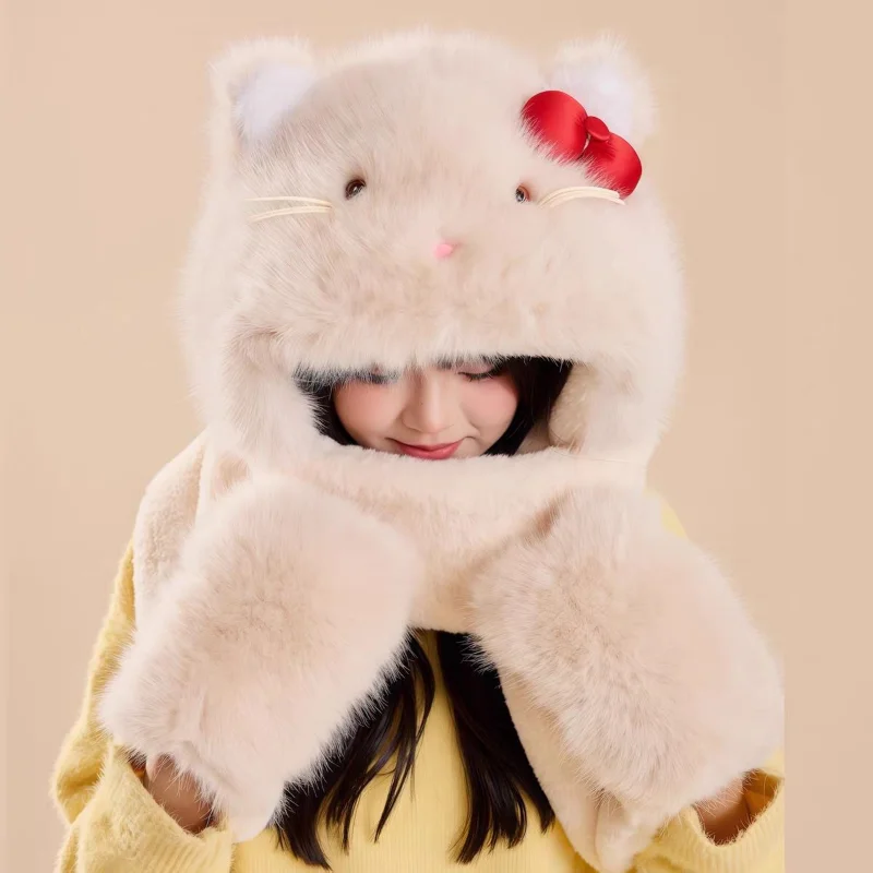 قبعة سانريو هالو كيتي العصرية للفتيات في الشتاء والدفء في الهواء الطلق ومقاومة للرياح والبرودة وشاح بقلنسوة هدية عيد الميلاد