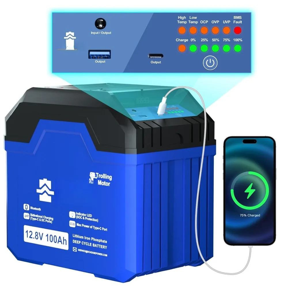 12V 100Ah 3.0 Trolling Motor Marine Battery, Bluetooth & Low Temp Cut-Off with SOC Status Indicators, USB-A, DC,, Customized