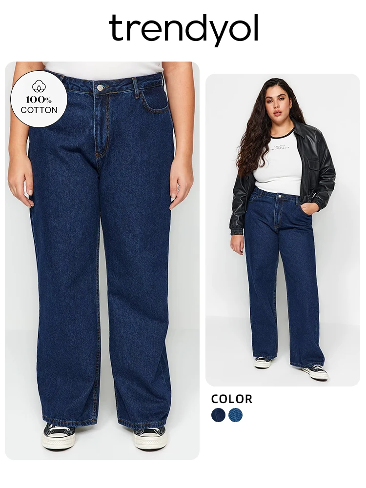 Trendyol TYZA Women's Plus Size 100% Cotton High Waist Jeans New Spring Wide Cut,High Street Pants Casual Trousers