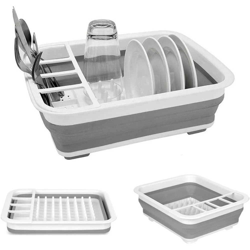 

Collapsible Dish Drying Rack With Drainboard Portable Dish Drainer Dinnerware Organizer for Kitchen RV Campers Storage