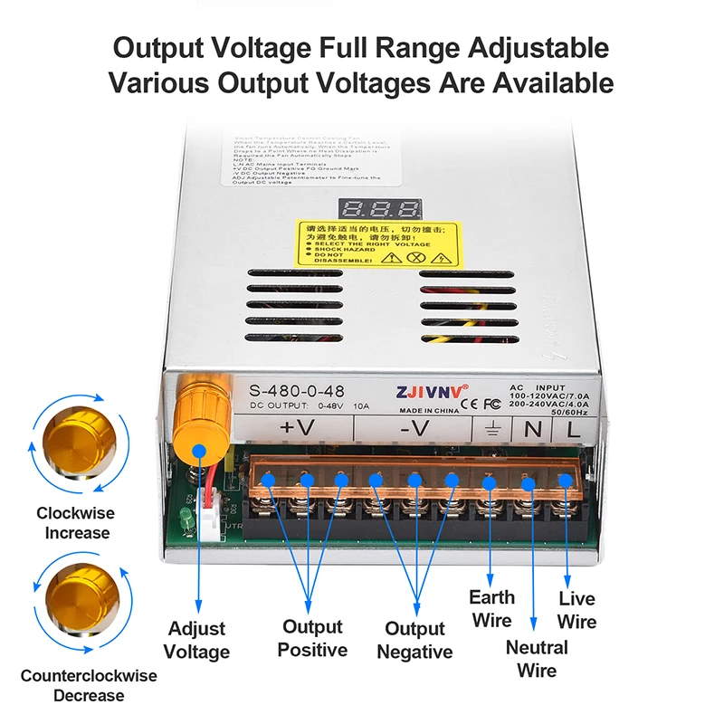 

HJS-480 Импульсный источник питания с цифровым дисплеем, регулируемое напряжение 0-5 В, 12 В, 24 В, 36 В, 48 В, 60 В, 80 В, 120 В, 160 В, 220 В, 300 В