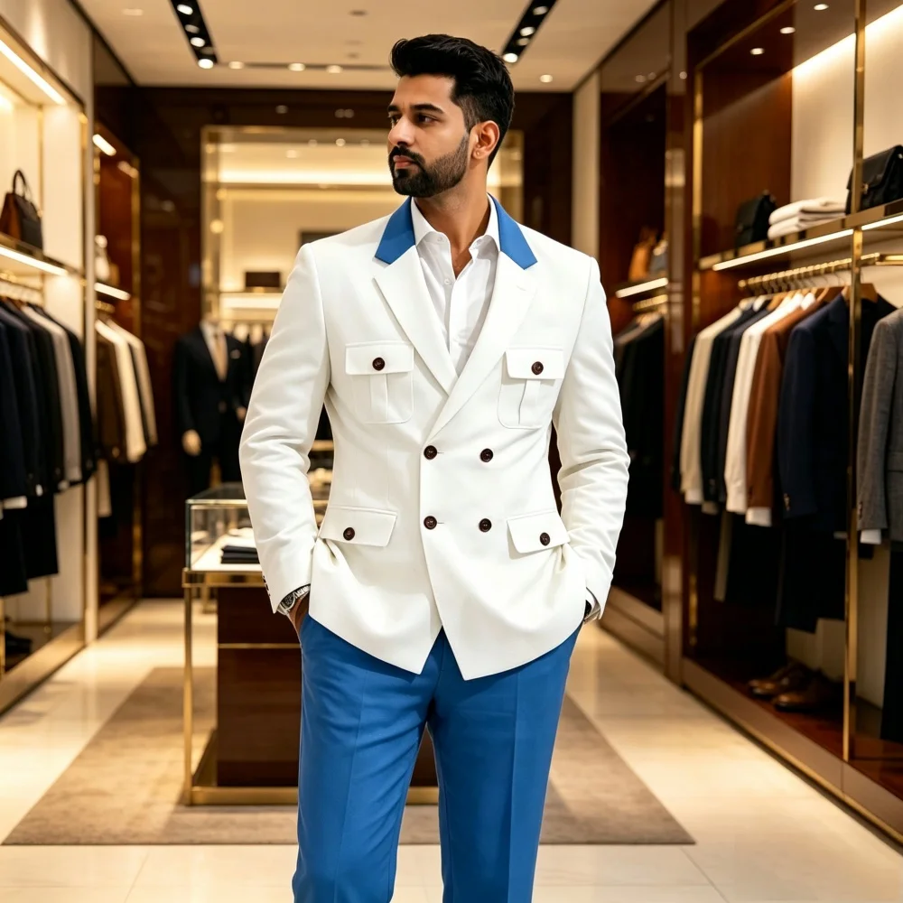 Double Breasted Men Suits 2 Pieces Wedding Suit with Pockets Slim Fit Formal Safari Blazer Pants Set For Groom Guest Prom Party