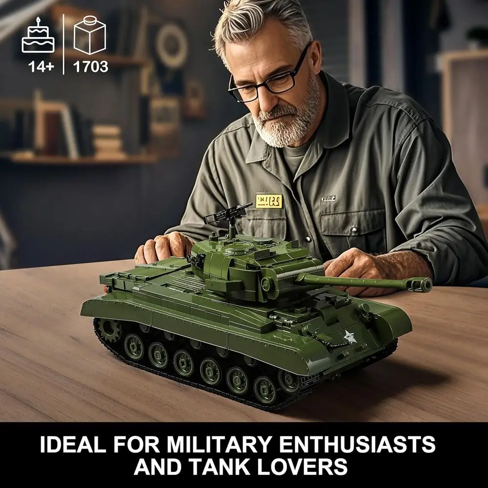 Ensemble de blocs de construction de char Pershing M26 de la Seconde Guerre mondiale pour adultes, 1703 pièces, compatible avec Lego, idéal à collectionner pour les amateurs militaires