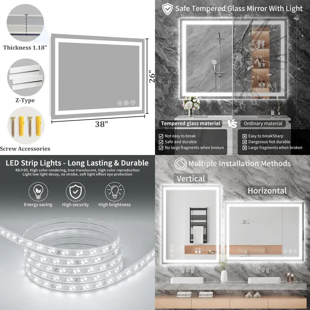 Miroir de salle de bain éclairé à 38 LED avec antibuée, 3 options de couleurs, variable, verre trempé