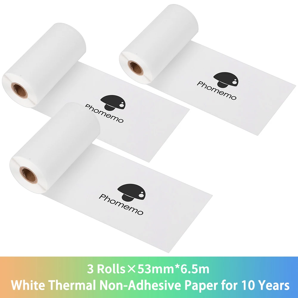 

3 рулона белой термобумаги, цветная неклейкая бумага для печати этикеток для карманного термопринтера Phomemo T02/M02