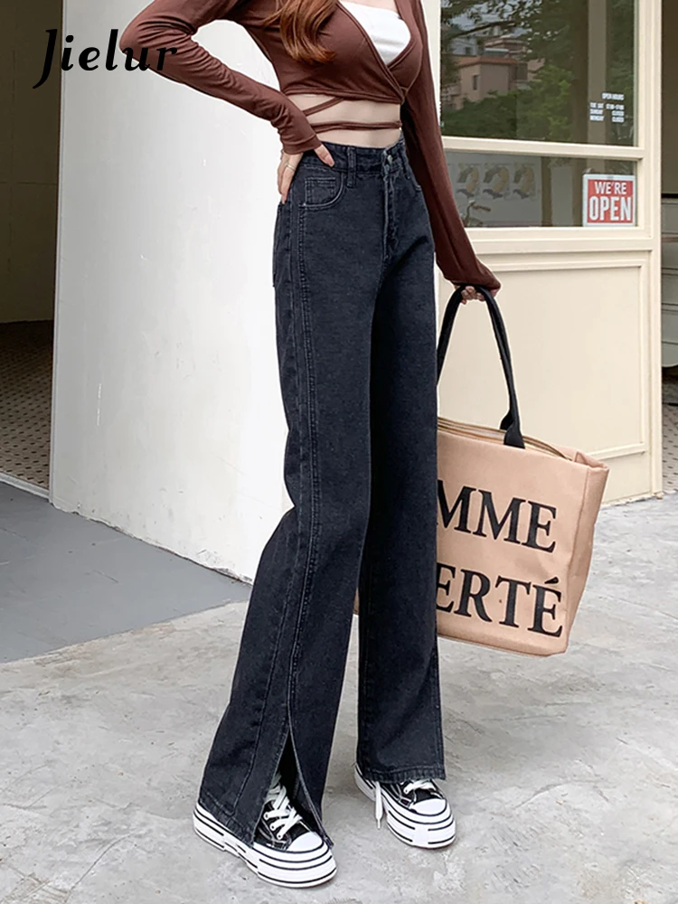 

Jielur Straight Split Black-gray Jeans Autumn New Pure Color Denim Women Pants High Waist Loose Wide Leg Trousers Female S-XL