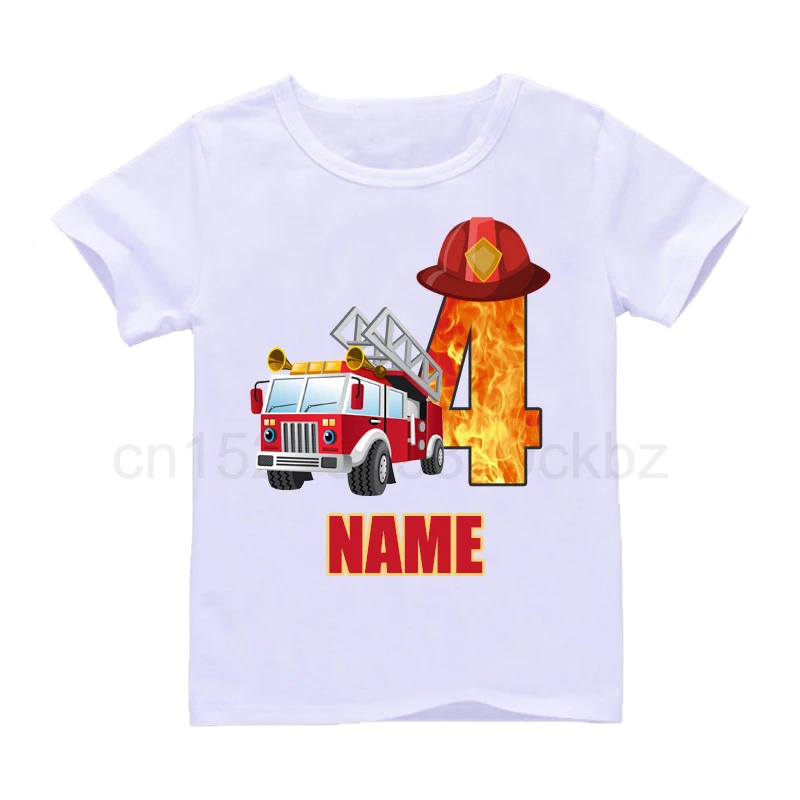 Baby Boys Cool Firefighter Car Birthday Numbers Name T-Shirt Children Girls Happy Birthday T Shirt Kids White Tops