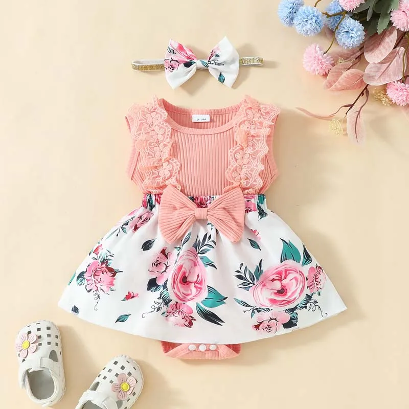 

Baby Girls Clothing Sleeveless Rompers Dresses Lace Floral Bodysuits With Hairband Summer Casual Dress Baby Outfits 0-18 Months