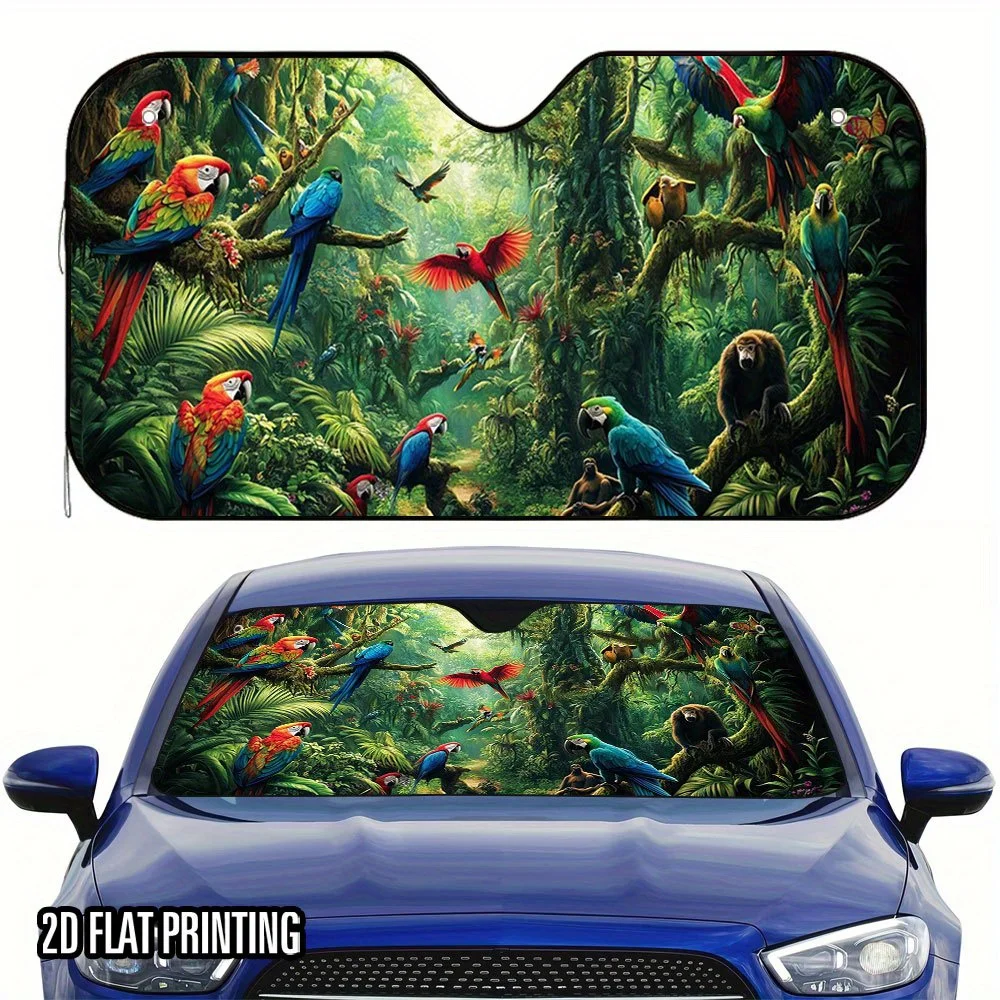 1pc 2D Flat Rainforest Colorful Parrots & Tropical Foliage Print Car Sunshade With 4 Suction Cups - Foldable Fit, Heat-Resistant