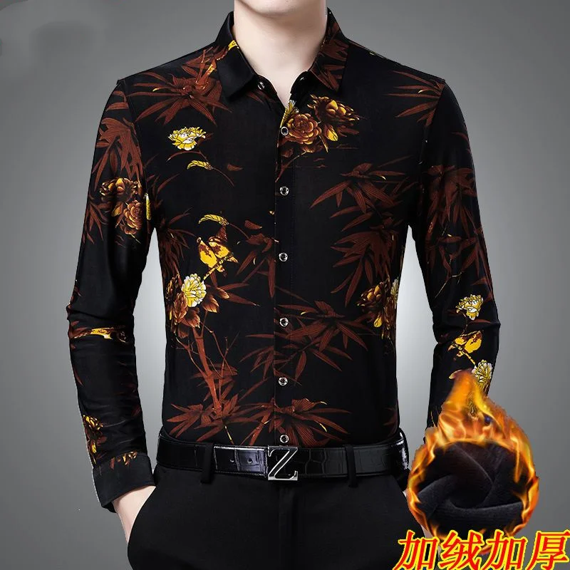 Printed Fashionable Plush and Thickened Winter Men\'s Lapel Long Sleeved Floral Shirt Casual Loose Fitting Warm Versatile Top