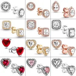 925 Sterling Silver Earring Sparkling Heart Stud Earrings Square Sparkle Stud Earrings Pandor Fine Jewelry Women Wedding Gift