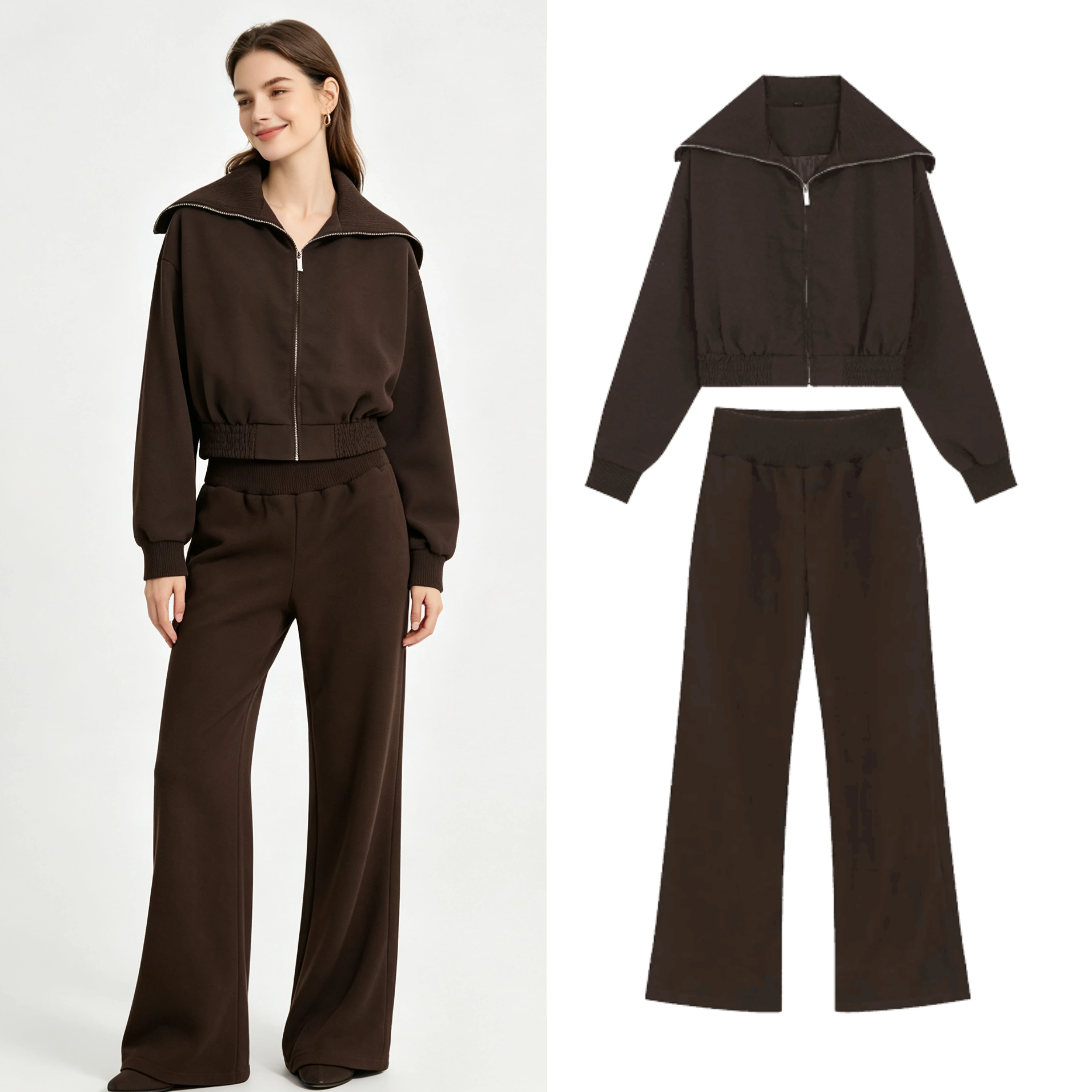 Women's Pants Set Autumn 2026 New Ribbed Collar Long Sleeve Short Top Elastic Waist Wide-leg Pants Fashion Casual 2 Piece Sets