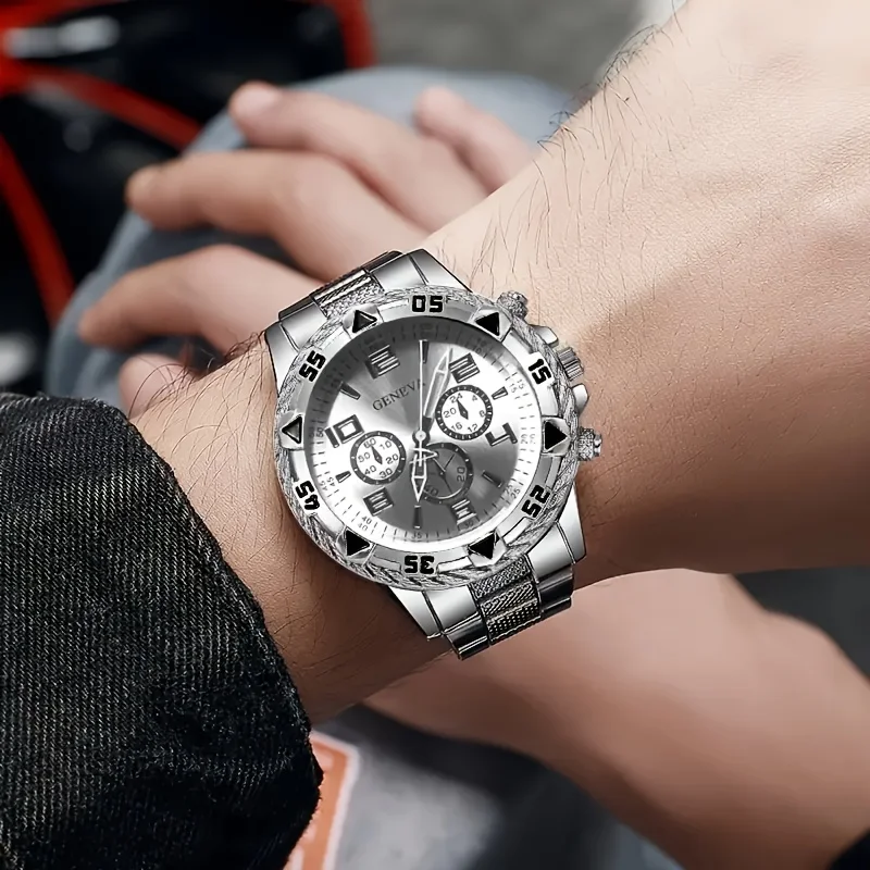 [4pcs/set Business Quartz Watch] Large Dial Trendy Fashion Casual Quartz Wristwatch | Does Not Include Watch Box