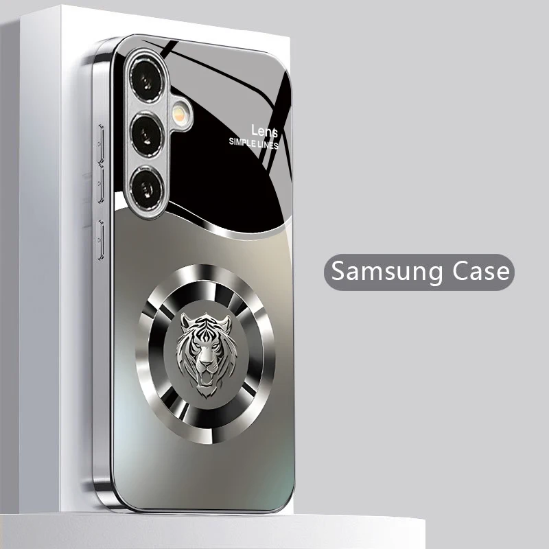Silver Tiger Lens Pattern 2D Phone Case for Samsung S26 S25 S24 S23 S22 S21 S20 A56 A36 A16 Electroplated Glass Protective Cover