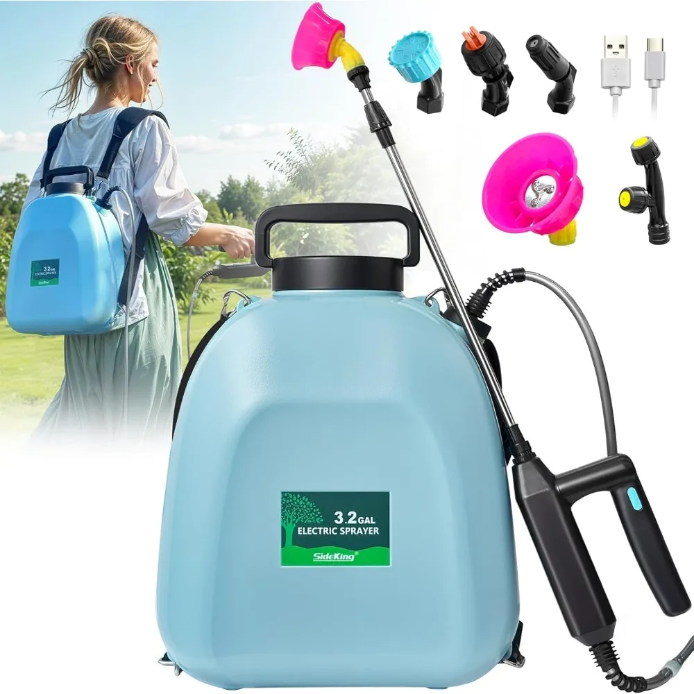 

Battery Powered Sprayer 3.2 Gallon, Battery Backpack Sprayer with USB Rechargeable Handle, 5 Mist Nozzles, 32" Telescopic Wand