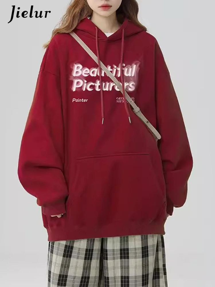 

Jielur Wine Red Chic Drawstring Hooded Loose Women Hoodies Winter Fashion Letter Printing Simple 3-colors Casual Female Hoodies
