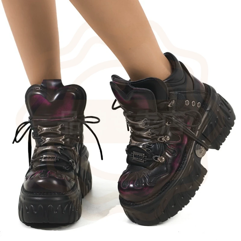 Punk Women's Shoes Exquisite Flame Platform Motorcycle Boots for Woman Fashion Round Head Ankle Boots Designer Shoes Botas Mujer