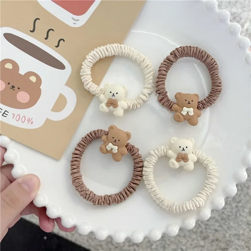 Korean Version of New Coffee Colored Small Intestine Circle Hair Rope Bear Head Rope Milk Tea Colored Girl Pleated Hair Circle